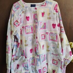 Large Scrubs Jacket, Cherokee. Pink Hearts. Snap Up.